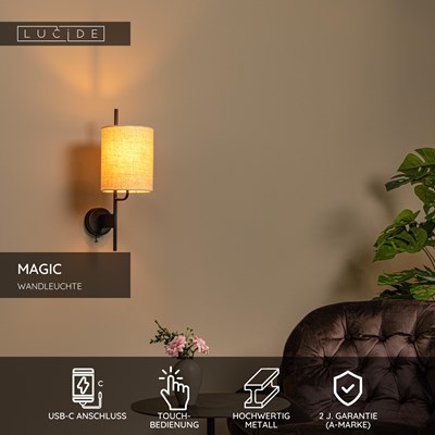 Lucide MAGIC - Wandleuchte - 1xE27 - Mit USB-Ladepunkt - Schwarz